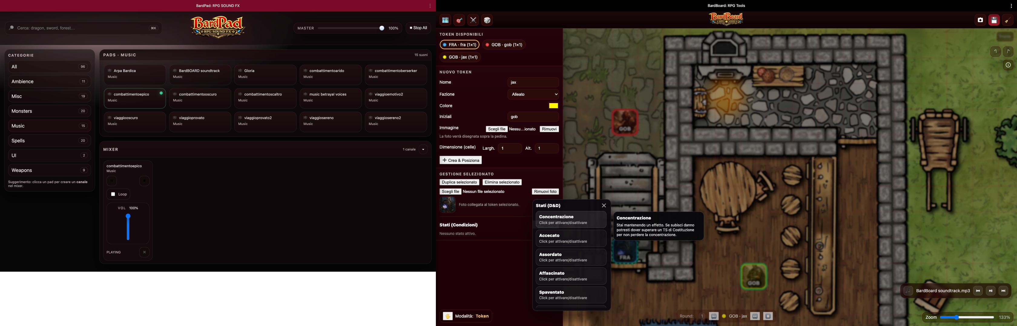 Screenshot dei tools Bard in funzione con mappa e soundboard