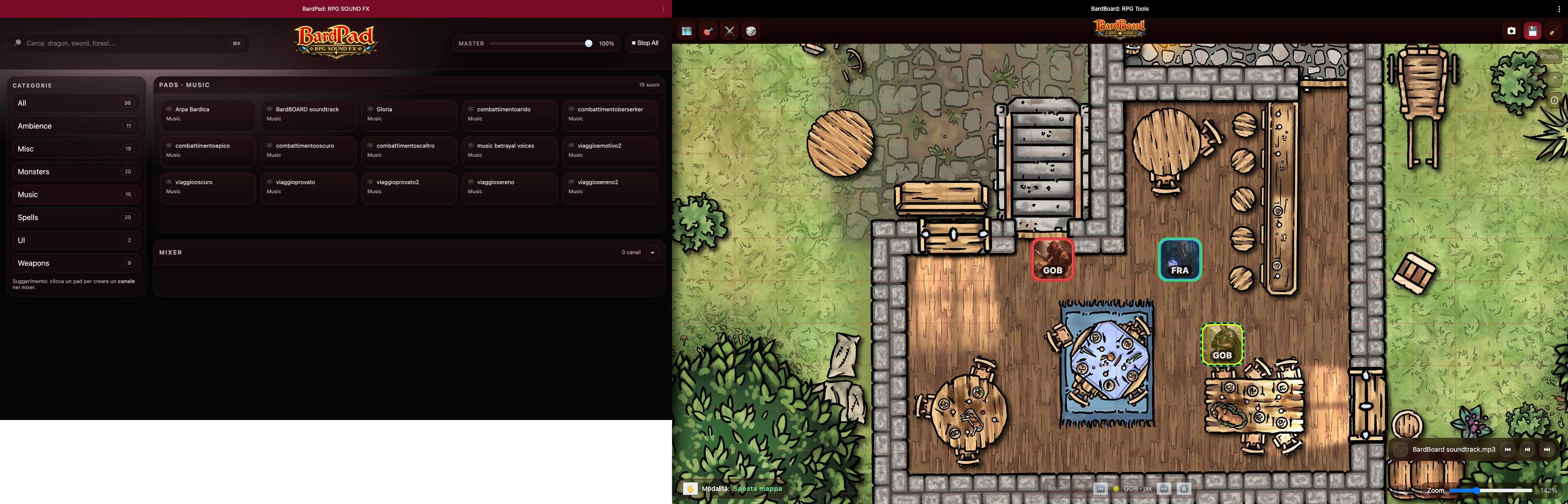 Screenshot dei tools Bard in funzione con token, stati e soundboard