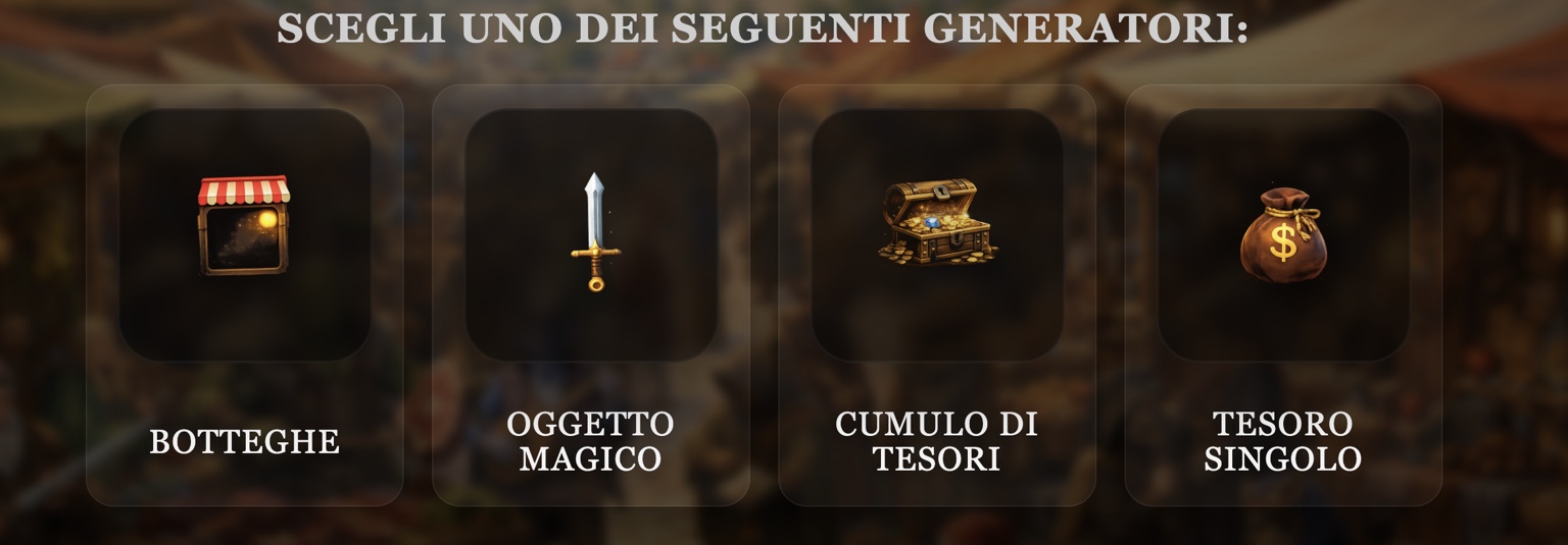 Screenshot del tool BardShop con generatori di botteghe, oggetti e tesori